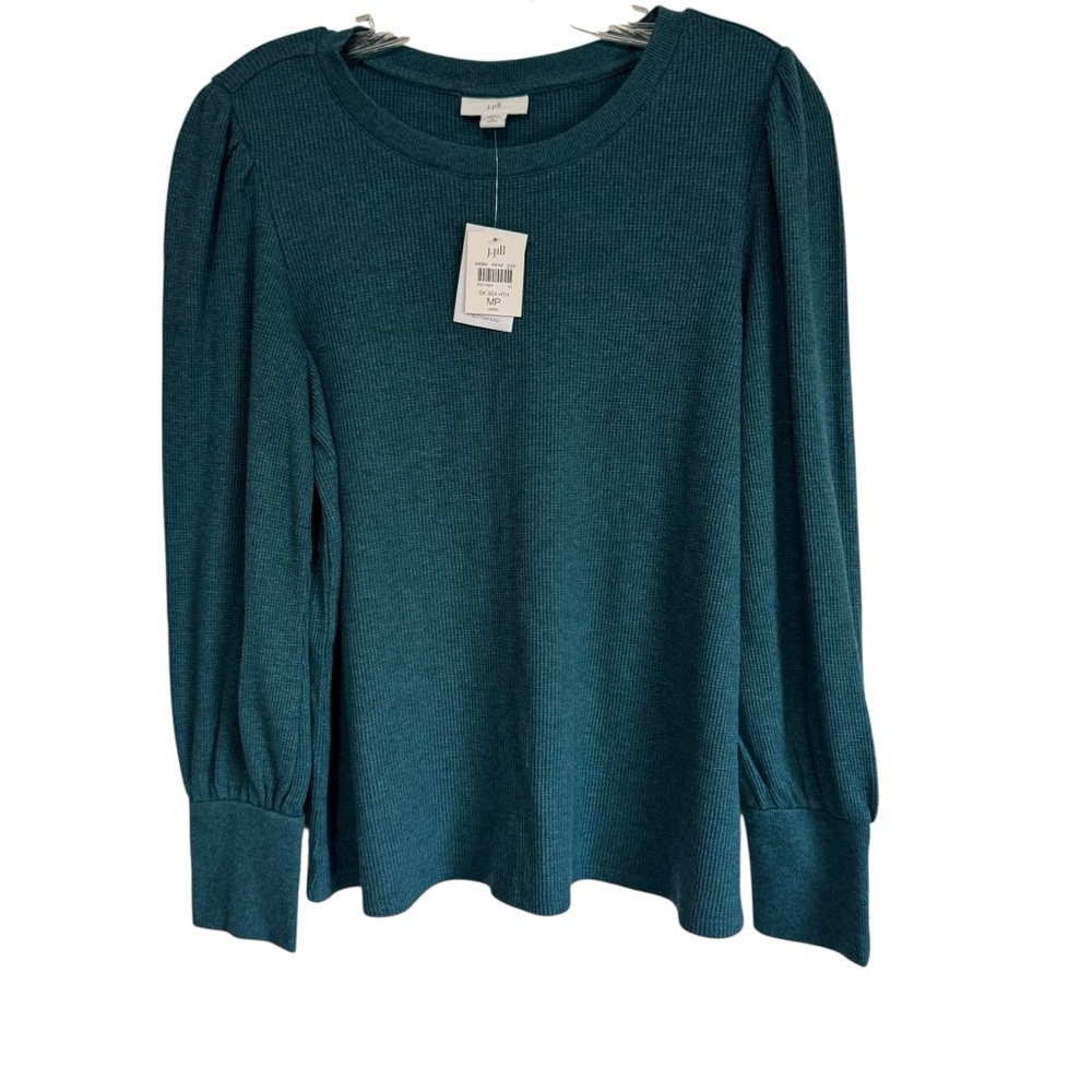 J. Jill Buttoned-Cuff Waffle Top in Dark Sea Heather Teal Size Medium Petite NEW - Picture 2 of 11
